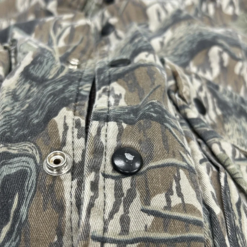 Cabela's Hooded Bomber Jacket Mens L Brown Camo Tree Bark Arctic Fleece USA Made